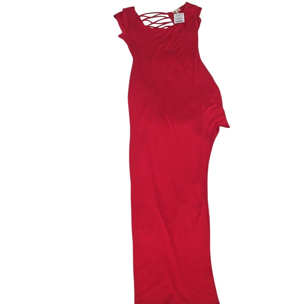 L8ter Red Maxi Dress Asymmetrical Slit Strappy Lattice Back MAX-YUD891A Womens L